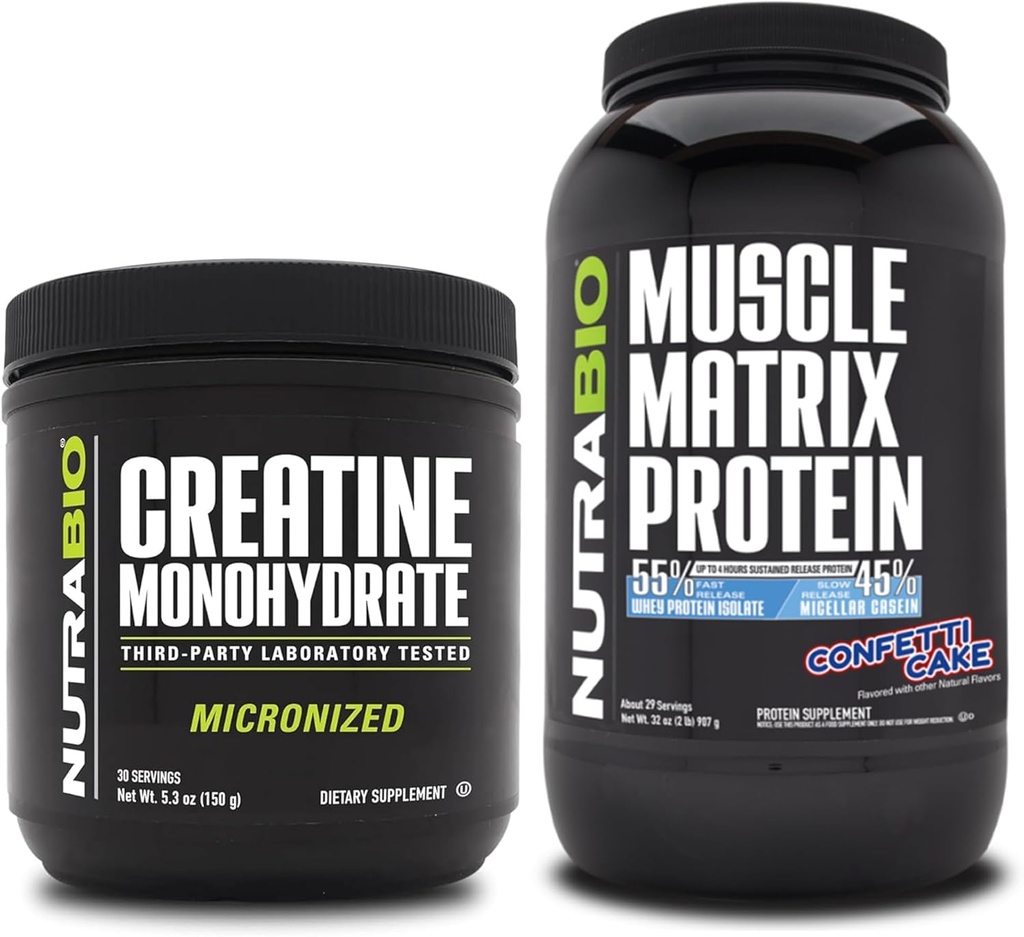 NutraBio Creatine Monohydrate, Desflavored, (150 g) y Muscle Matrix Protein Powder, (Confetti Cake) Suplemento Bundle – Muscle Energy, Maximum Growth, Recovery, and Strength