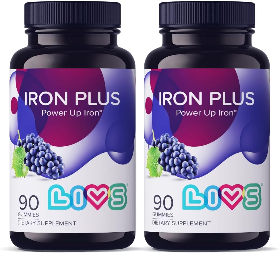 LIVS Iron Supplement for Women ' Men with Vitamin C, A, B3, B5, B6, B12, Biotin, Zinc &amp; Folate ← Non-GMO, Gluten Free Chewable Supplement as Gummy for Energy Boost &amp; Anemia Support - 180 Count