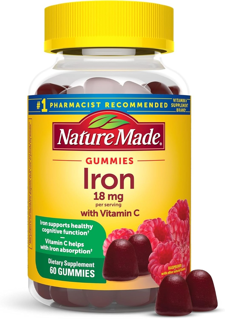 Nature Made Iron 18 mg por porción con vitamina C, Suplemento dietético para el apoyo a las células rojas de sangre, 60 Gummies, 30 Day Supply
