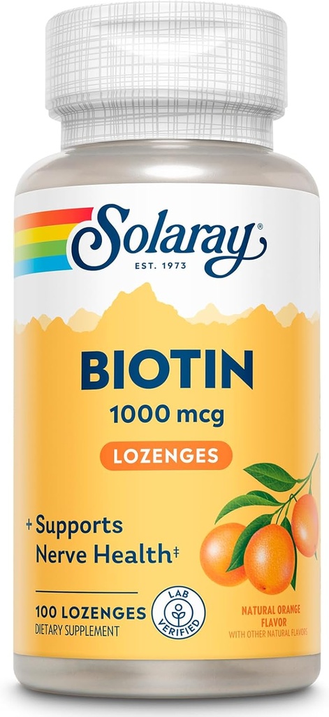 SOLARAY Biotin 1000mcg Lozenges - Suplemento de Biotina con Vitamina A - Función Nerve y Soporte de Energía Celular - Natural Orange Juice Flavor, Gran Sabor, Garantía de 60 días, 100 Servimientos, 100 Lozenges