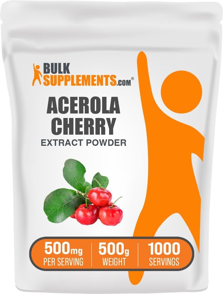 BulkSupplements.com Acerola Cherry Extract Powder - Natural Vitamin C Supplement, Acerola Cherry Powder - Vegan &amp; Gluten Free, 500mg por Serving, 500g (1.1 lbs) (Pack of 1)