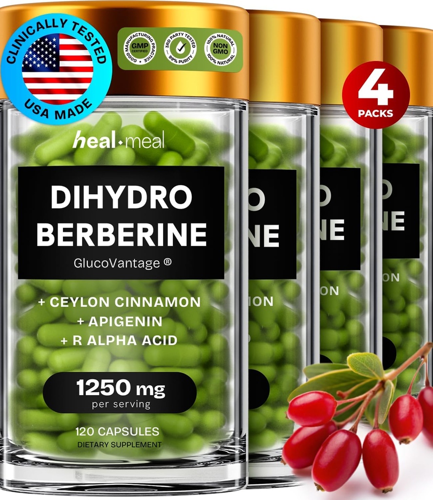 Suplemento Dihidroberine - Suplemento Dehydro Berberine - Suplemento Super Berberine con canela de Ceylán &amp; Acido Lipoico R Alpha &amp; Apigenina - Hidroberina 480 caps (4 Packs)