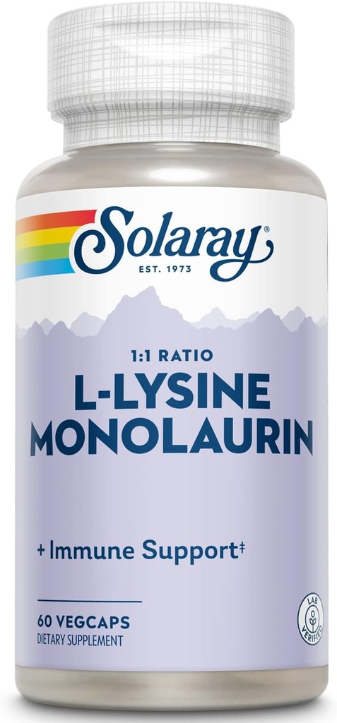 SOLARAY L-Lysine Monolaurin Immune Support Supplement, 1:1 Ratio for Immune System Function, 500 mg Each, 60-Day Money Back Guarantee, 30 Servings, 60 VegCaps