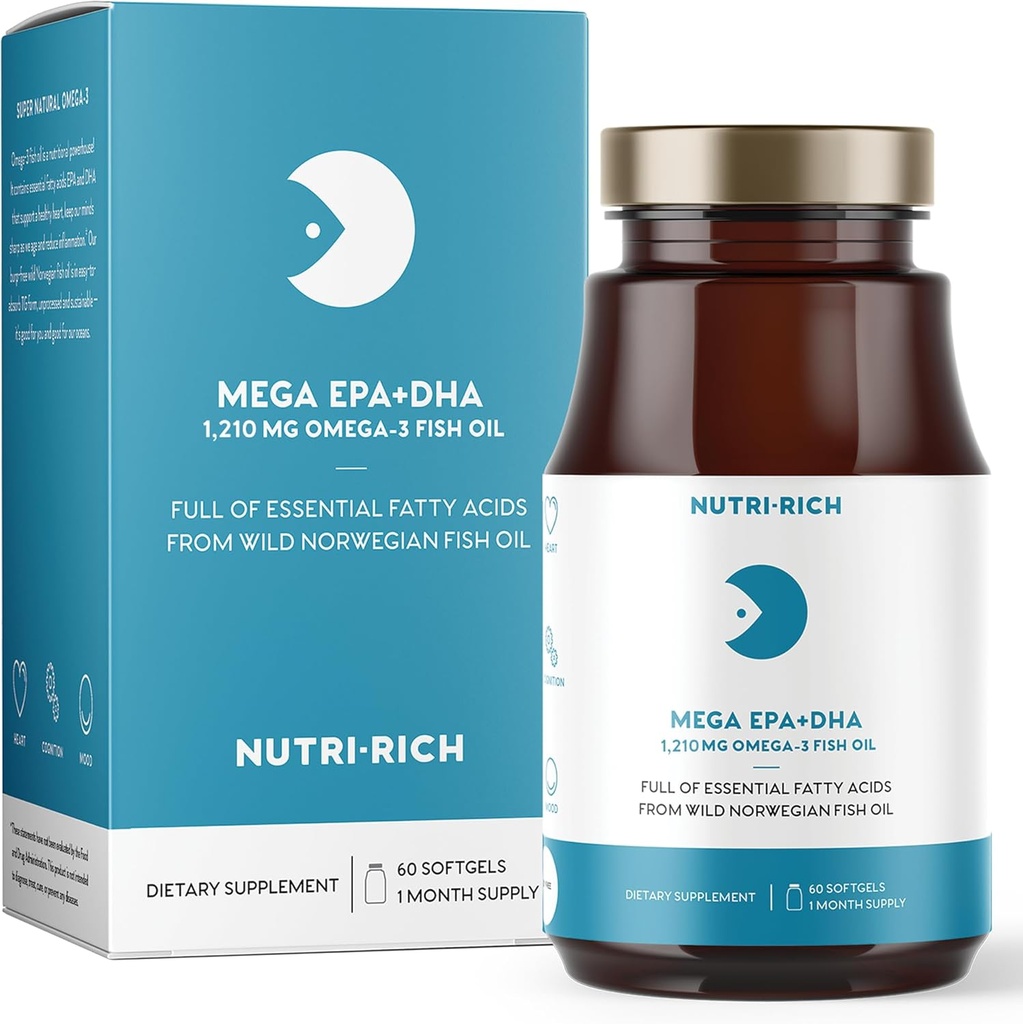 Nutri-Rich Omega-3 Fish Oil 1210mg – EPA & DHA for Heart, Brain & Joint Health – Burp-Free, Lemon Flavor, Gluten & Soy Free, Third-Party Tested (60 Softgels)