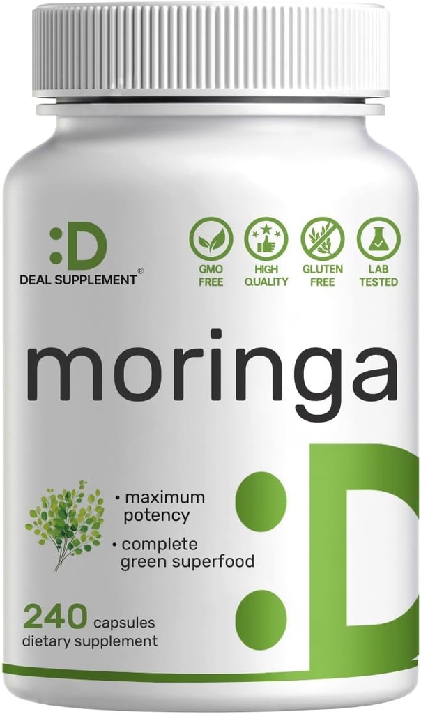 Moringa Capsules 9.000mg Herbal Equivalente, 240 cápsulas – 4 meses de suministro – Máximo Potency Pura Moringa Leaf Extracto – Suplemento completo de Superalimentos Verdes para Energía, Esquí &amp; Immune Health Support