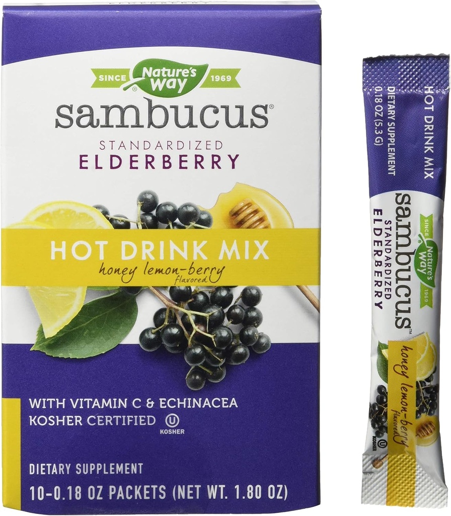 Camino de la Naturaleza Sambucus Soothing Elderberry Hot Drink Mix, con Vitamina C &amp; Echinacea, 10 Conde, Honey Lemon-Berry Flavored, 10 Conde (Pack of 12)