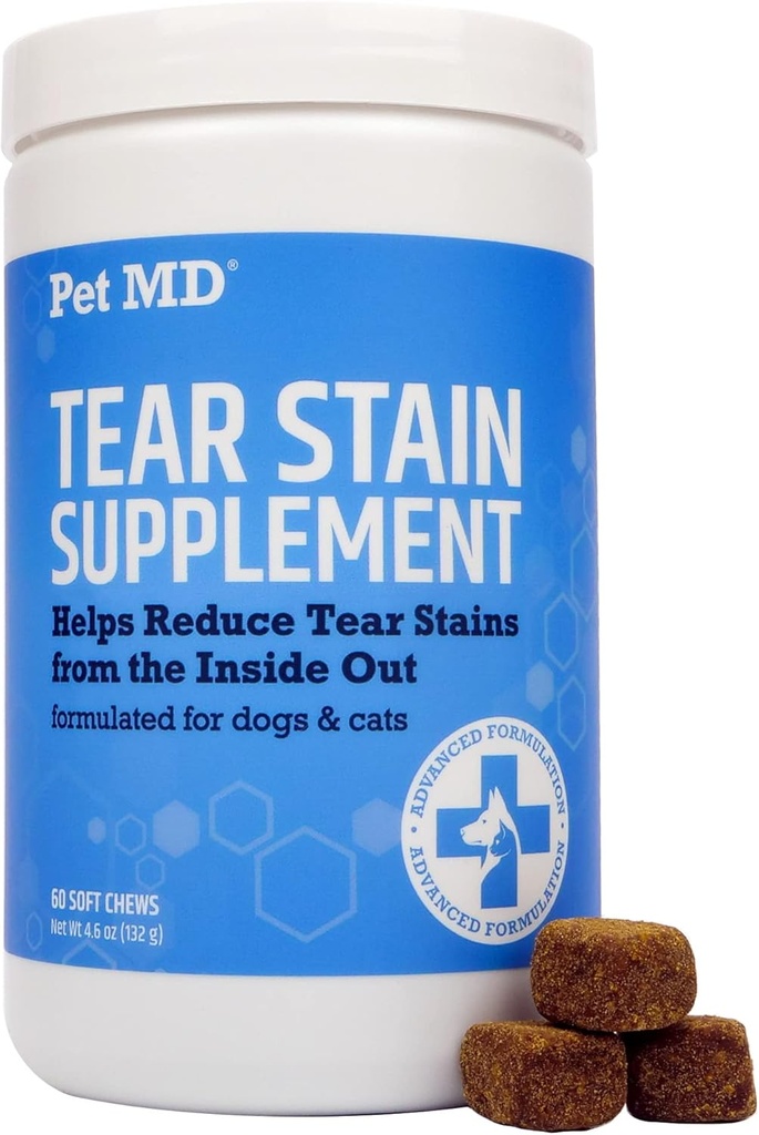 Pet MD Tear Stain Remover for Dogs & Cats - Antioxidant Eye Care Suplemento con Lutein, Cranberry, &amp; Omega 3 &amp; 6 - Cat &amp; Dog Tear Stain Remover Chews for White &amp; Light Fur - 60 ct
