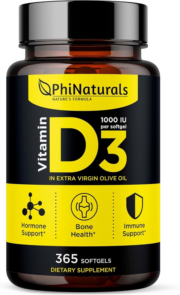 PhiNaturales Vitamina D3 1000iu Softgels Suplemento Base de aceite de oliva 365 Gel Caps Un año de suministro de VIT D, Vitamina D 3 1000 iu