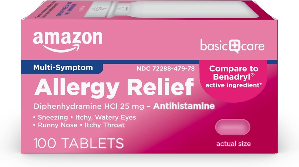 Cuidado básico Alivio de la alergia Diphenhydramine HCl 25 mg, Tablas antihistamínicas para síntomas Debido a Hay fiebre y alergias respiratorias superiores, 100 Condes