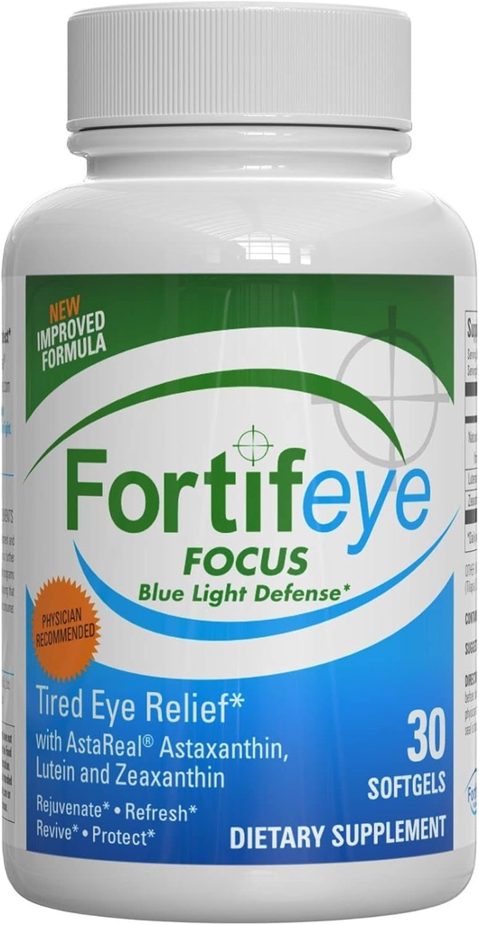 Fortifeye Focus Eye Care Suplemento 30 Softgel Capsules - Triple Carotenoide que incluye Astaxanthin, Lutein y suplementos de Zeaxanthin, Vitaminas de los ojos, soporta fatiga de los ojos y protección de la luz azul