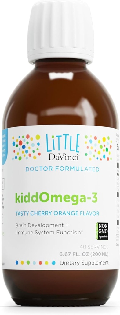 DAVINCI Labs kiddOmega-3 - Liquid Omega-3 Suplemento para niños - para el sistema inmunológico, Focus y Brain Support* - con Monk Fruit, DHA, EPA y Más - Cherry Orange Flavor - 200mL
