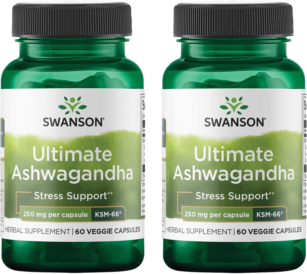 Swanson Ultimate Ashwagandha KSM-66 - Suplemento herbal Apoyo a los niveles de estrés saludable " Relajación - Fórmula natural para promover una mentalidad calmada " - (60 cápsulas vegetarianas, 250 mg cada uno) (2 paquete)