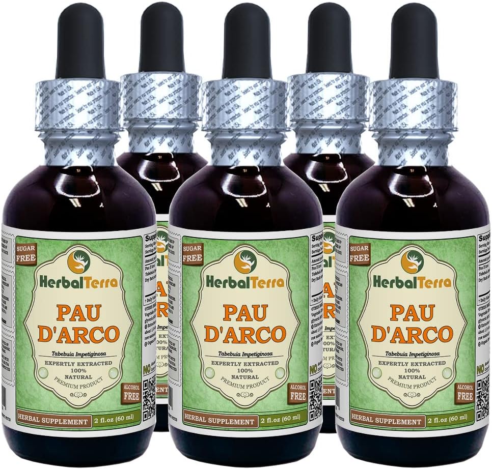 PAU d'arco (Tabebuia Impetiginosa) Glycerite, Barco seco Extracto líquido libre de alcohol (Marca: HerbalTerra, Proudly Made in USA) 5x2 fl.oz (5x60 ml)