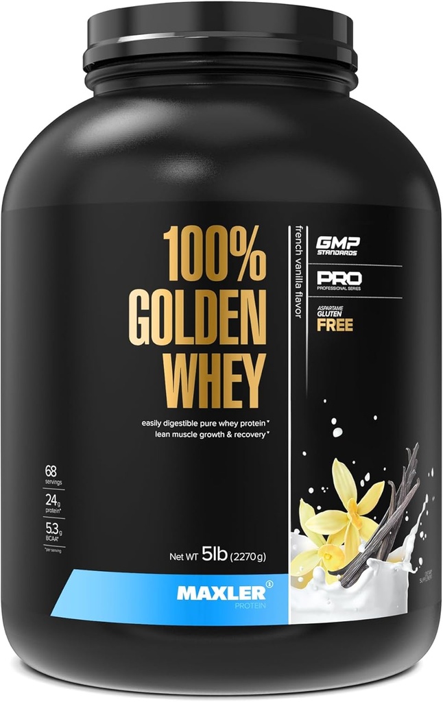 Maxler 100% Golden Whey Protein - 24g of Protein per Serving - Premium Whey Protein Powder for Pre Post Workout - Fast-Absorbing Whey Concentrate Isolate Hydrolysate Blend - French Vanilla Protein 5lb