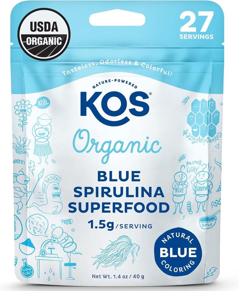 KOS USDA Organic Blue Spirulina Powder, Phycocyanin - Vegan Algae Superfood - Natural Food Coloring for Smoothies " Protein Drinks, Plant Based, Non GMO - 27 Servings
