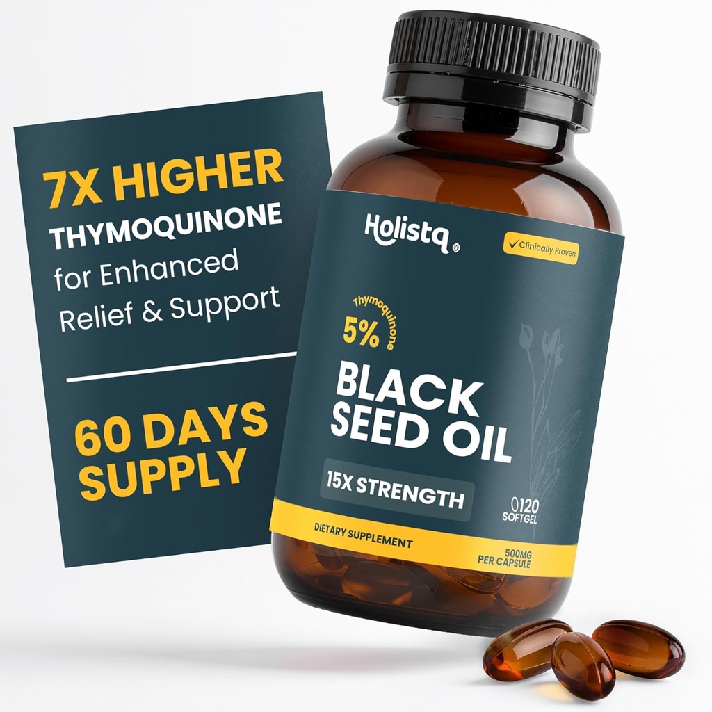 Holistiq Black Seed Oil Organic Cold Pressed Capsules ← 5% Thymoquinone ← Vegan ← Nigella Sativa Black Cumin Seed Oil, Omega 3 6 9 Adult Immunity Support - 120 Softgels, 2 Months Supply