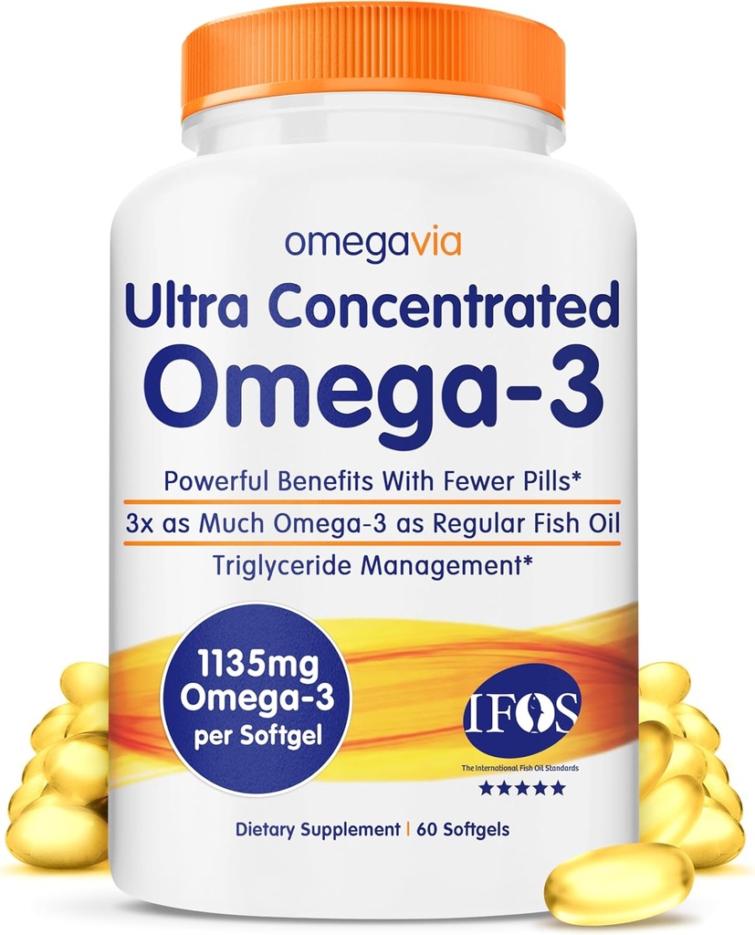 OmegaVia Ultra Concentrado Omega 3 Fish Oil Burpless, 60 Softgels, Triple Strength Omega 3 Fish Oil Supplements, 1135 mg Pure Omega3, No Fishy Burps, High EPA DHA DPA, IFOS 5-Star