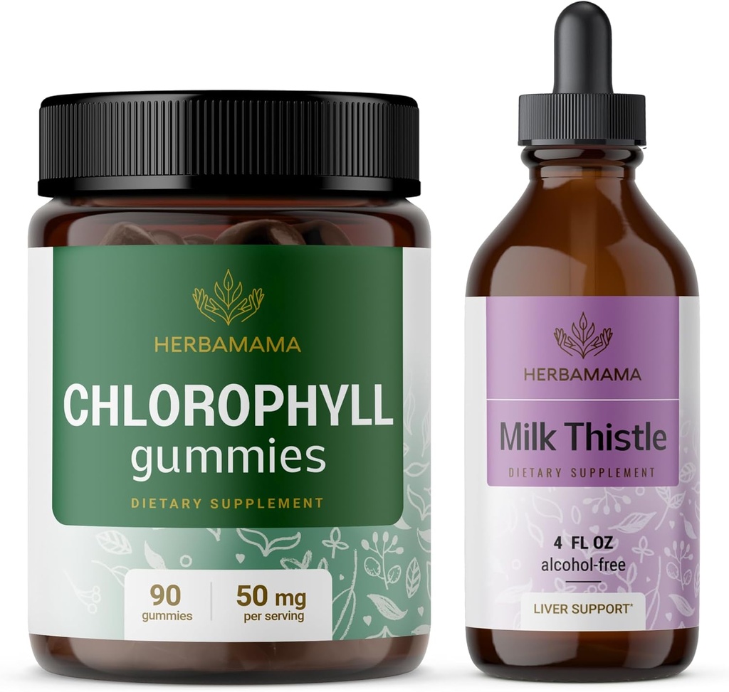 HerBAMAMA Chlorophyll and Milk Thistle Kit - Bundle of 50 mg Chlorophyll Gummies " Milk Thistle Extract Tincture 4 fl oz - Vegan, Non-GMO, Sugar " Alcohol-Free - 2 Pack