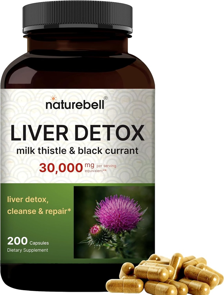 Suplementos Liver Detox – 200 cápsulas con esteto de leche 30,000 mg " Currant Negro TEN Natural Active Silymarin – Extra Strength 60:1 Extract – Herbal Cleanse " Repair Support – Non-GMO