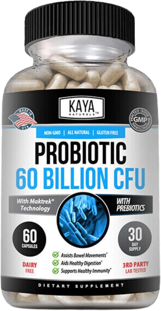 Kaya Naturals Probiótico 60 Billones CFU - Probióticos para Mujeres, Probióticos para Hombres y Adultos, Natural - Salud Gut &amp; Apoyo Inmunitario - Proporciona soporte digestivo - 60 cápsulas vegetales
