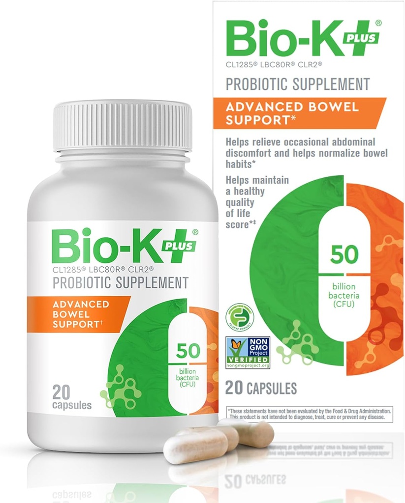 Bio-K+ Advanced Bowel Support Probiotic – 50 Billion CFU – Vegan, Gluten-Free, Non-GMO – Supports Digestive Health & Regularity – for Men & Women – 20 Capsules