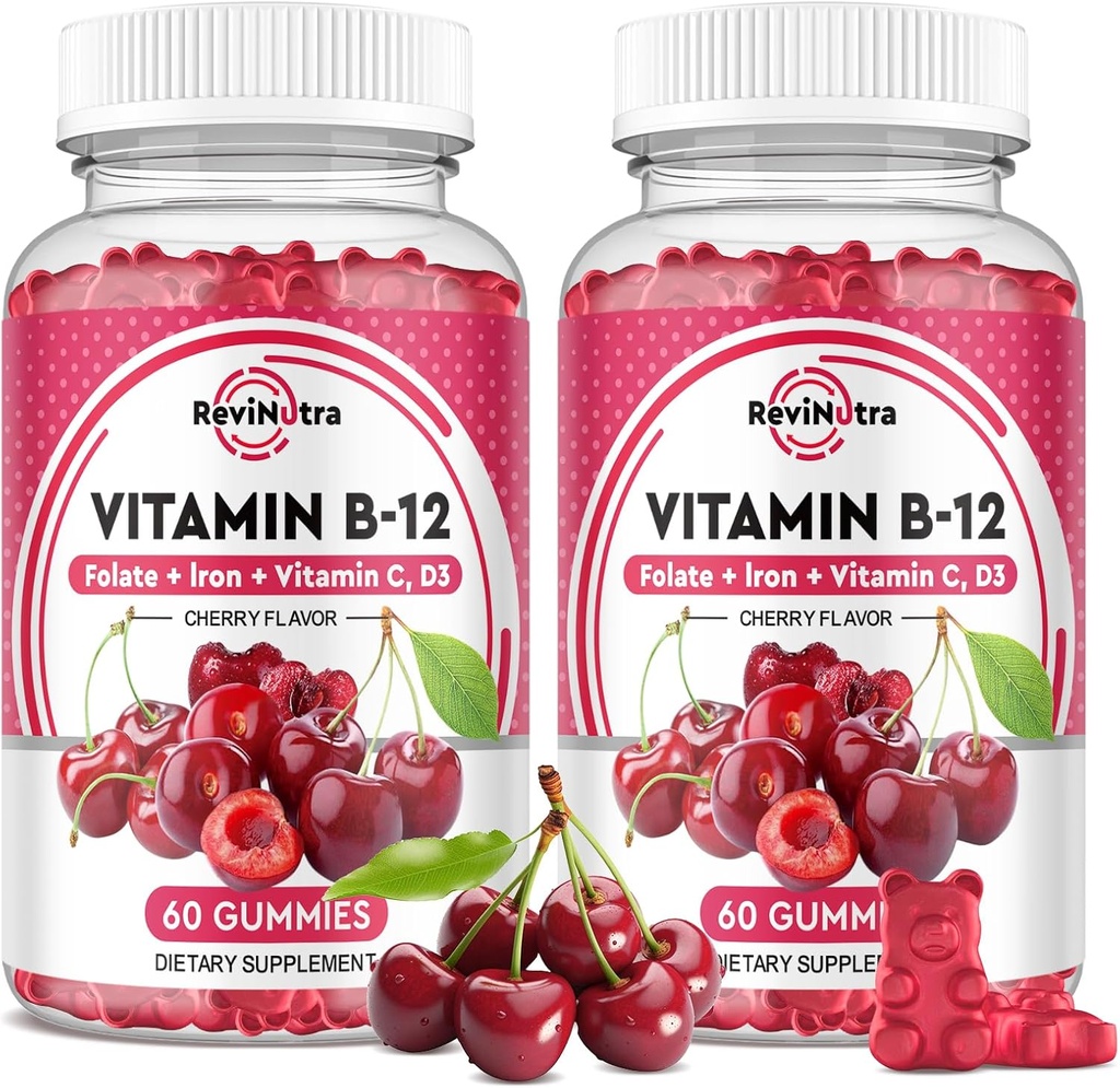 Vitamina B12 Gummies - 5000 mcg Methylcobalamin con hierro, vitamina C, D3 " Folate, Energy Support and Metabolism, Immune, B-12 Complex Chewable Suplemento para Hombres " , 120 Conde, 2 Pack