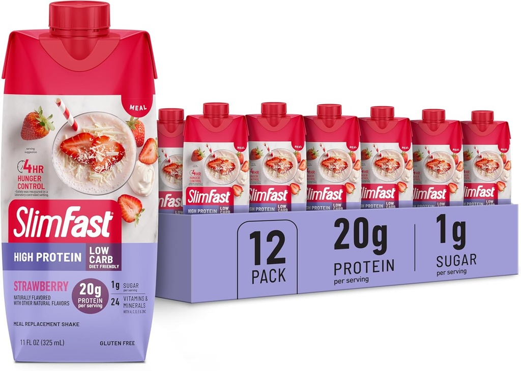 SlimFast Protein Shake, Strawberry- 20g Protein, Meal Replacement Shake Listo para beber, High Protein with Low Carb and Low Sugar, 24 Vitaminas y Minerales, 12 Cuenta (Pack of 1) (Packaging May Vary)