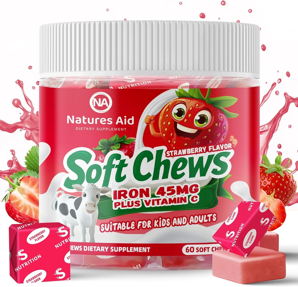 Suplemento de Hierro Chewable para Hombres y Niños - Sabor de Fresa, Hierro Vitamina C Soft Chew para Max Absorption, Hierro como Ferrous Fumarate, Ideal para Deficiencia de Hierro, 2 Mes