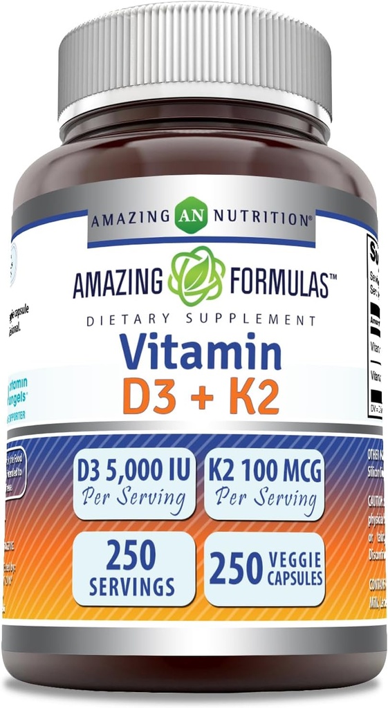 Fórmulas asombrosas Vitamina D3 5000 UI con Vitamina K2 100 Mcg detenida 250 Veggie Capsules  D3 + K2 Complex ← Non-GMO ANTE Gluten Free ← Made in USA