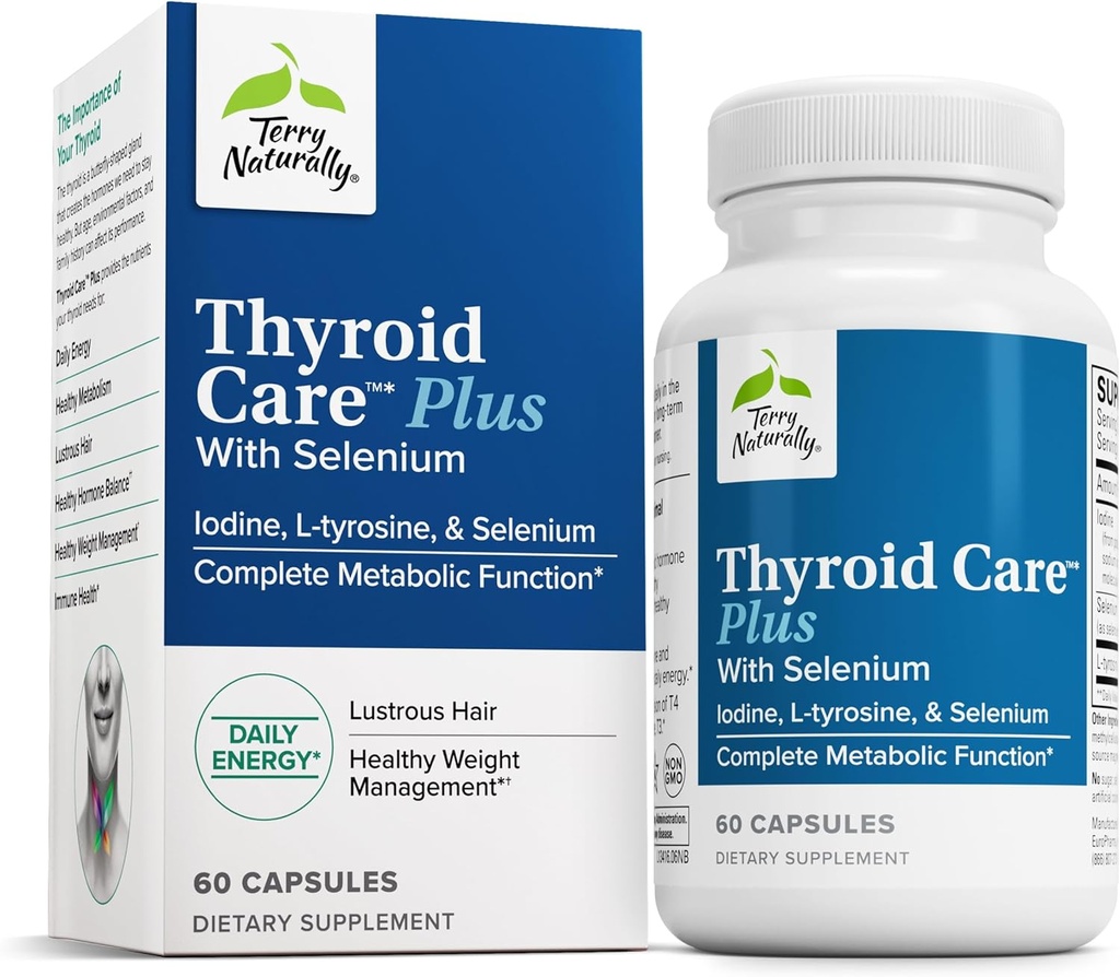 Terry Naturally Thyroid Care Plus - Suplemento de Ayuda Tiroides - Suplemento dietético para la energía y el cuidado del cabello saludable - L-Tyrosine &amp; Selenium - 60 cápsulas