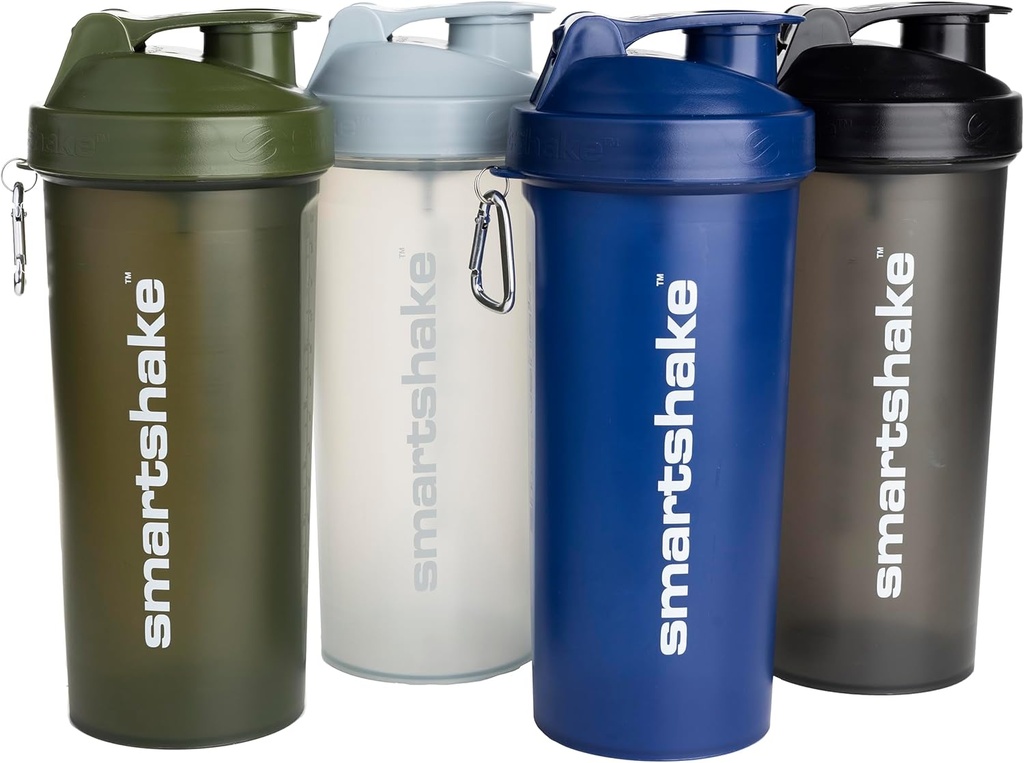 Smartshake Lite 4-Pack Protein Shaker Bottle 1000 ml ← 34 oz - Leakproof Screw-on Lid - BPA Gratis – Unisex - Mist Gray, Army Green, Black, Navy Blue