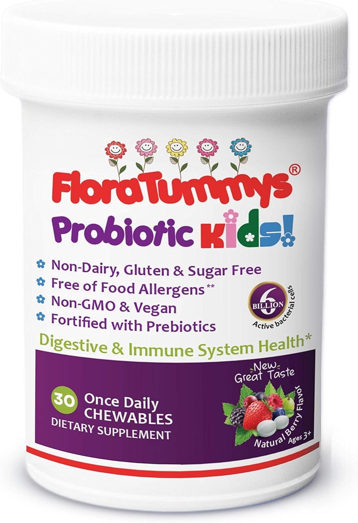 FloraTummys Kids Chewable Probiotics: Non-Dairy, Gluten &amp; Sugar-Free, Peanut &amp; Soy Free, Non-GMO, Tested &amp; Free of Food Allergens, Vegan, Kosher, Berry Flavor(1 Bottle)