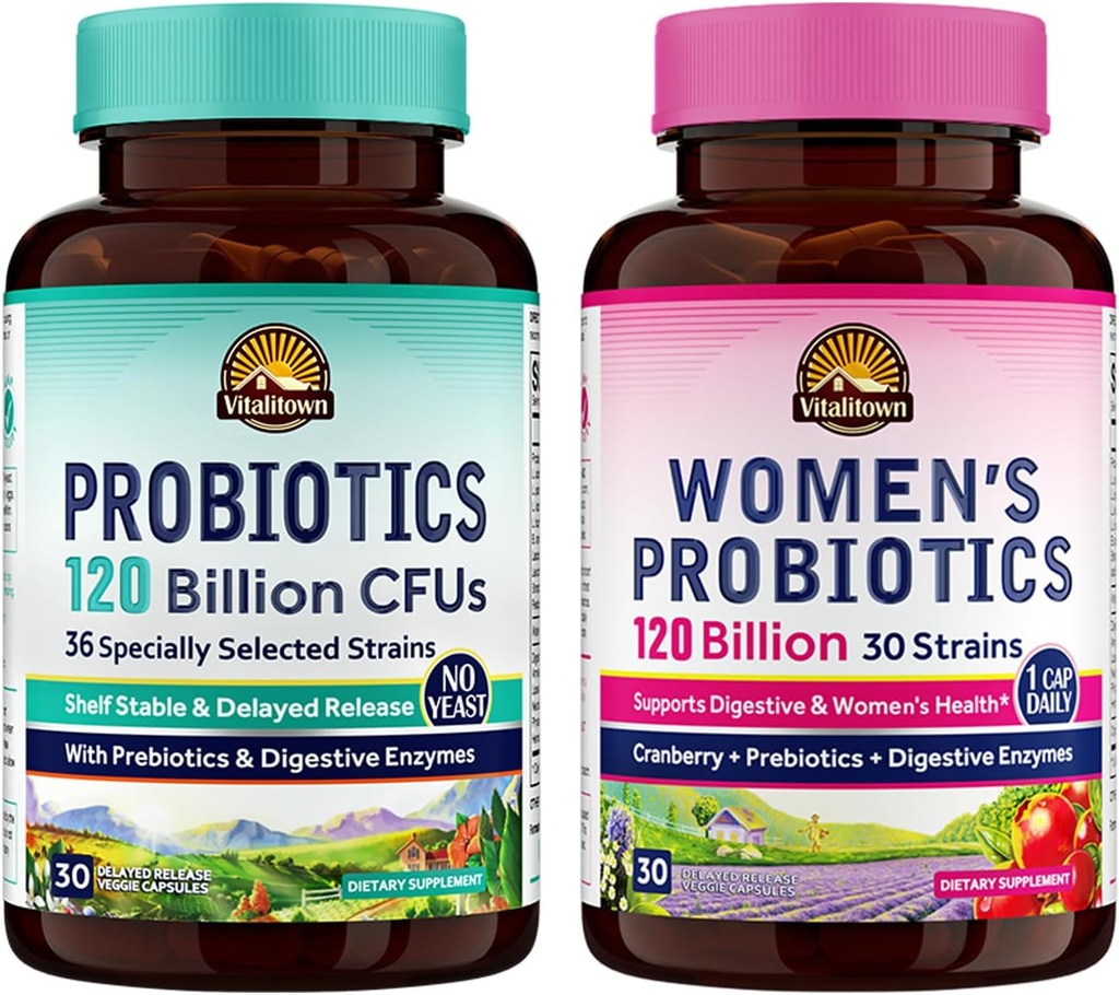 Vitalitown Probiotic Bundle (Pack of 2) ← Probiotics 120 Billion CFUs (Item 1) " Women’s Probiotics (Item 2) ¦ Shelf Stable, Once Daily ← Gut, Immune, Vaginal Health ← 60 Capsules ← 30 Day Supply
