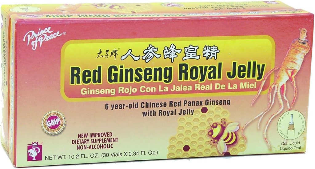 Prince Of Peace Red Ginseng Royal Jelly, 10 Milliliter - 30 botellas por paquete - 3 paquetes por caso.