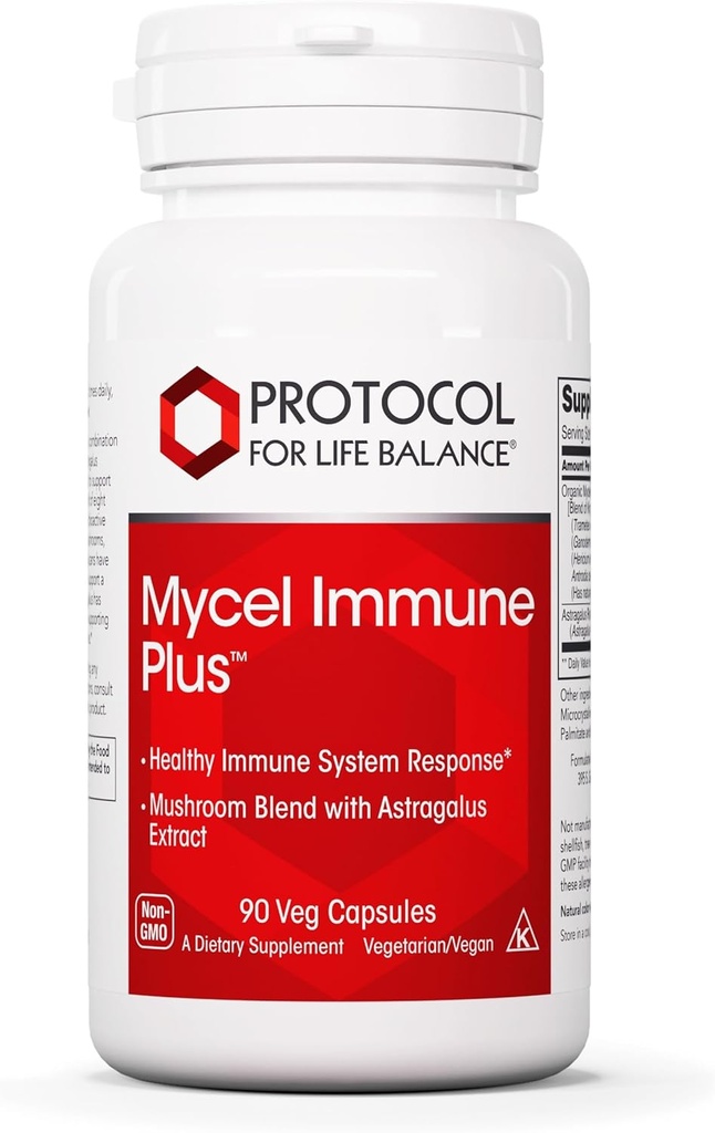 Protocol Mycel Immune Plus - Mushroom Blend with Astragalus Extract - Immune Support Supplement* - Cordyceps, Lions Mane, Maitake &amp; More - Non-GMO & Kosher - 90 Veg Caps