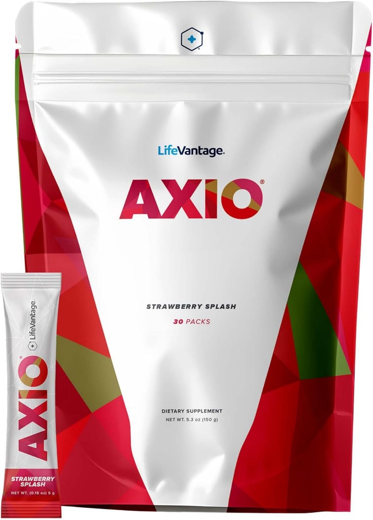 LifeVantage AXIO Regular Energy Drink Powder, Suplemento Nootropic, Focus &amp; Mood Support, con L-theanine, Té Verde, B Vitaminas, DMAE, Quercetin &amp; Pine Bark, Strawberry Splash, 30 Packets