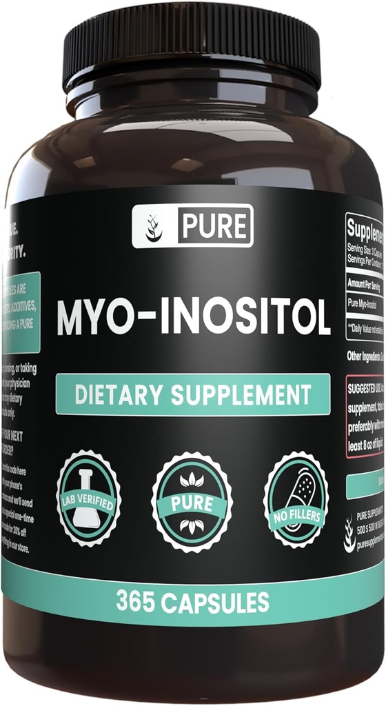 Ingredientes originales puros Myo-Inositol (365 capsules) No hay magnesio o rifles de arroz, siempre puros, lab verificados