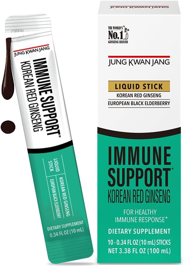 JUNG KWAN JANG Korean Red Panax Ginseng (800mg) y Elderberry (469mg) Immune Support Everytime Extract Sticks, Antioxidant Supplement for Immunity and Daily Wellness, 10 Count