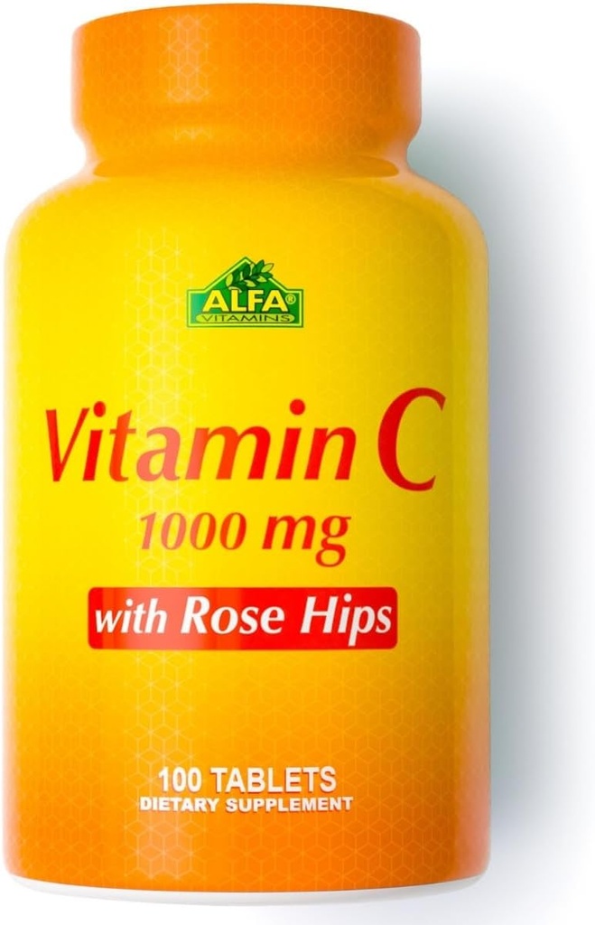 ALFA VITAMINS Vitamina C con Rosa HIPS con 1000 mg Vitamina C por Serving - Antioxidante &amp; Immune Soporte + Soportes Esquí sano &amp; Juntas - No GMO, Vegan, Gluten Free, Dairy Free - 100 Cuadros