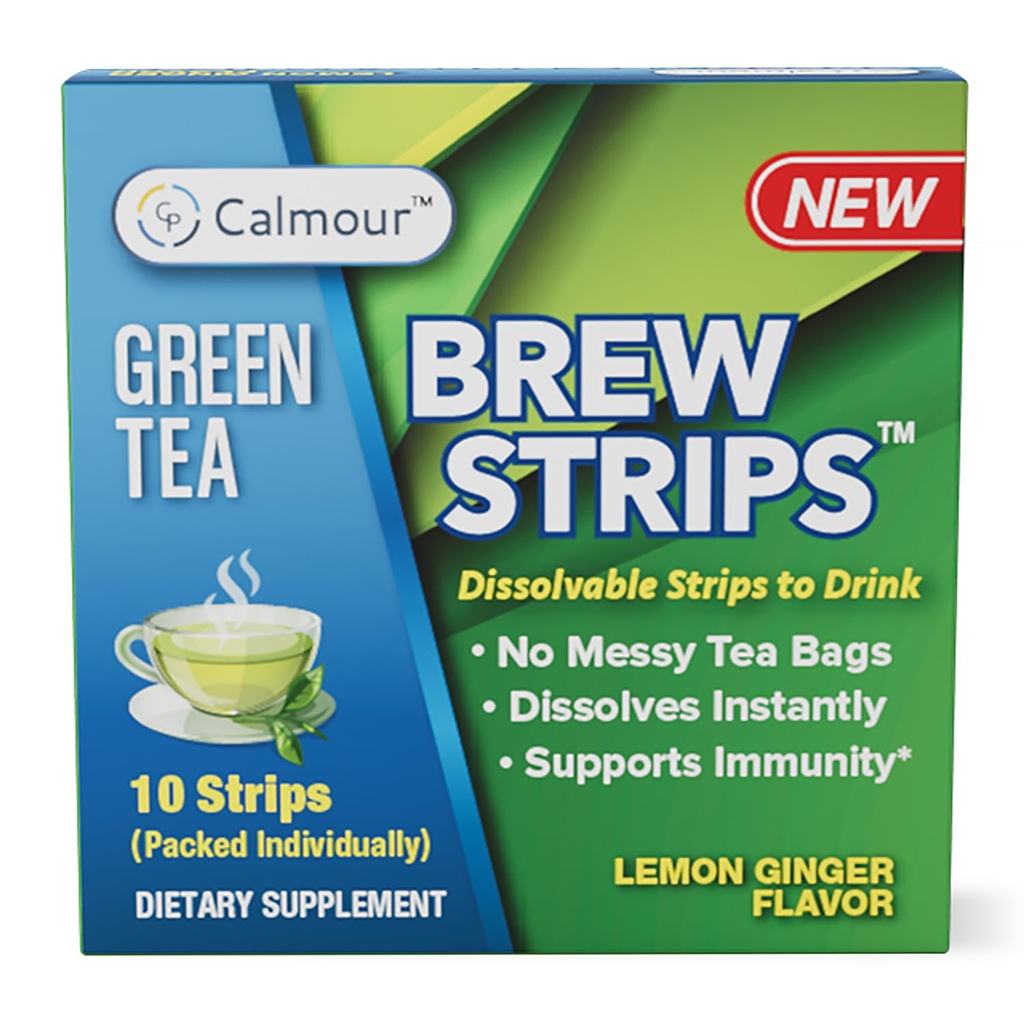 CALMOUR Natural Green Tea Extract Strips 10 Pack | Green Tea Bags Alternative Travel Friendly On-The-Go Quick Dissolving Strips | Lemon Ginger Tea with Antioxidants | Matcha Green Tea Flavor