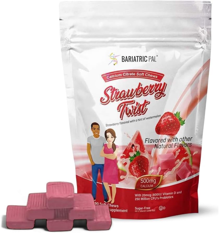 BariatricPal Sugar-Free Calcium Citrate Soft Chews | 500mg with Vitamin D & Probiotics | Strawberry Twist | 90 Count (1 Month Supply)