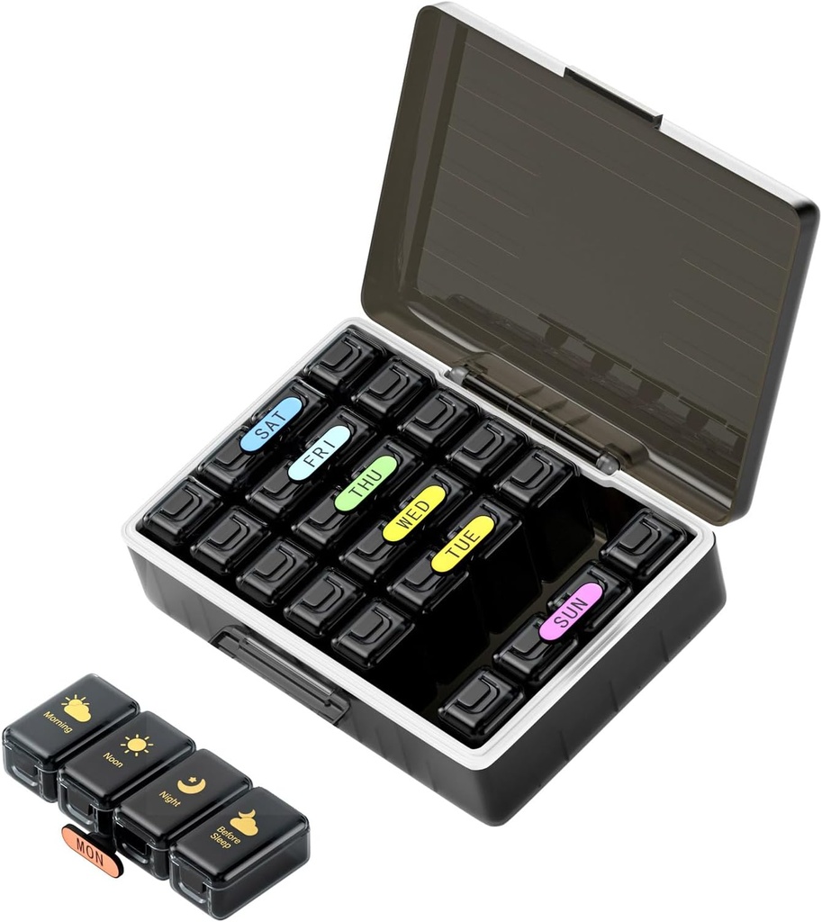Organizador semanal de píldoras 4 veces al día, Grandes Compartimientos Pill Box 4X 7 Day, Medicina Organizer Pill Case for Pills/Vitamins/Fish Oils/Medication/Supplements (Black)