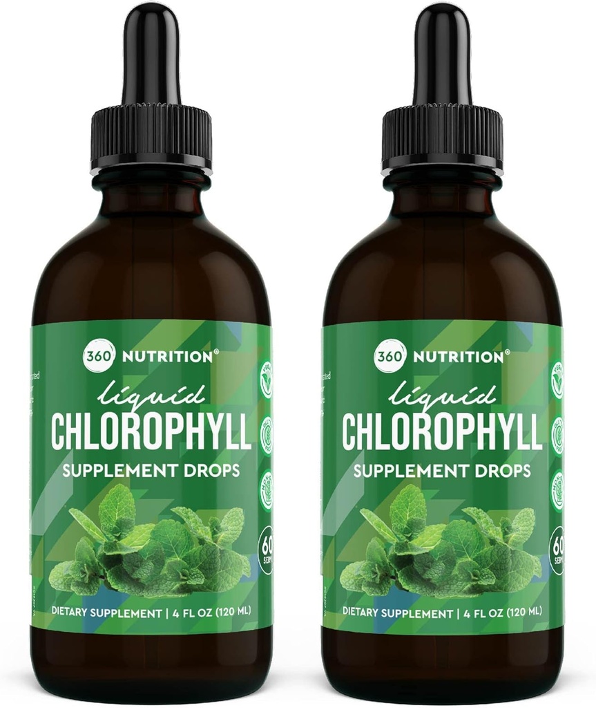 360 gotas líquidas Chlorophyll Nutrición con aceite de menta, suplemento desodorante interno del cuerpo GF & Vegan, apoya la salud de Gut, la digestión, energía, la piel radiante, absorción rápida (4 Fl Oz (2 Conde))