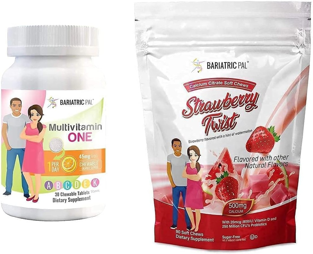 BariatricPal 30-Day Bariatric Vitamin Bundle (Multivitamin ONE 1 por día! Chewable con 45 mg de hierro - Citrus de naranja y Citrato de calcio Cifras suaves 500 mg con Probióticos - Twist de fresa)
