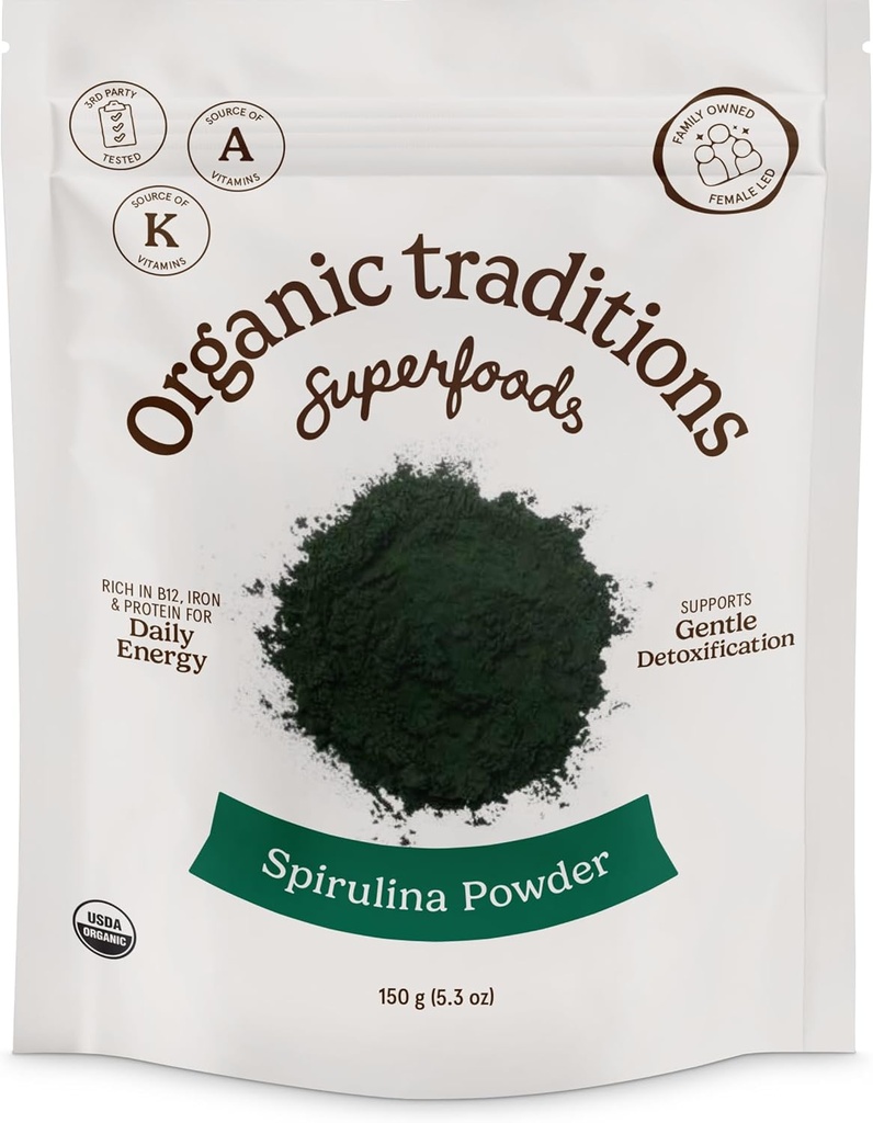 Tradiciones Orgánicas Spirulina Powder Vegan No GMO Superfood, 5.3oz (150g) Bolsa, 50 Serviciones por Bolsa