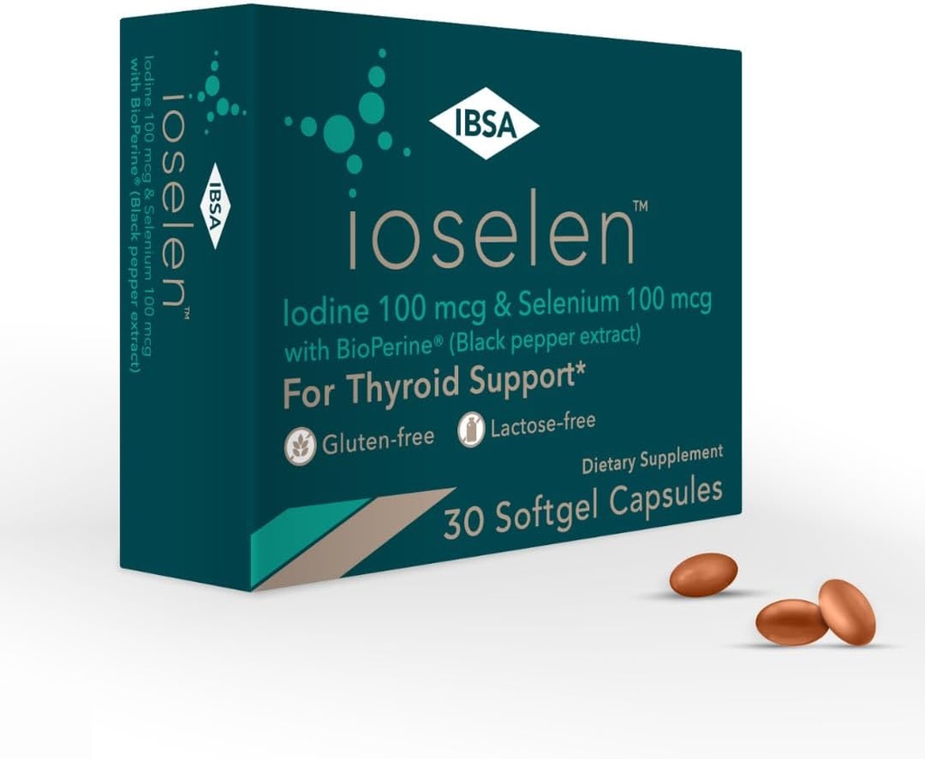 Ioselen - Suplemento de soporte de tiroides – 100 mcg Selenium, 100 mcg Iodine, 5mg BioPerine - 30 cápsulas de gel blando para aumentar la biodisponibilidad y absorción - libre de gluten, libre de lactosa, libre de azúcar, no GMO