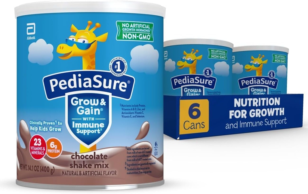 PediaSure Grow &amp; Gain with Immune Support Shake Mix Powder, 23 Vitaminas & Minerales, 6g Protein, Non-GMO, Gluten-Free, Kids Nutrition, Chocolate, 14.1 oz Can, Pack de 6-48 porciones