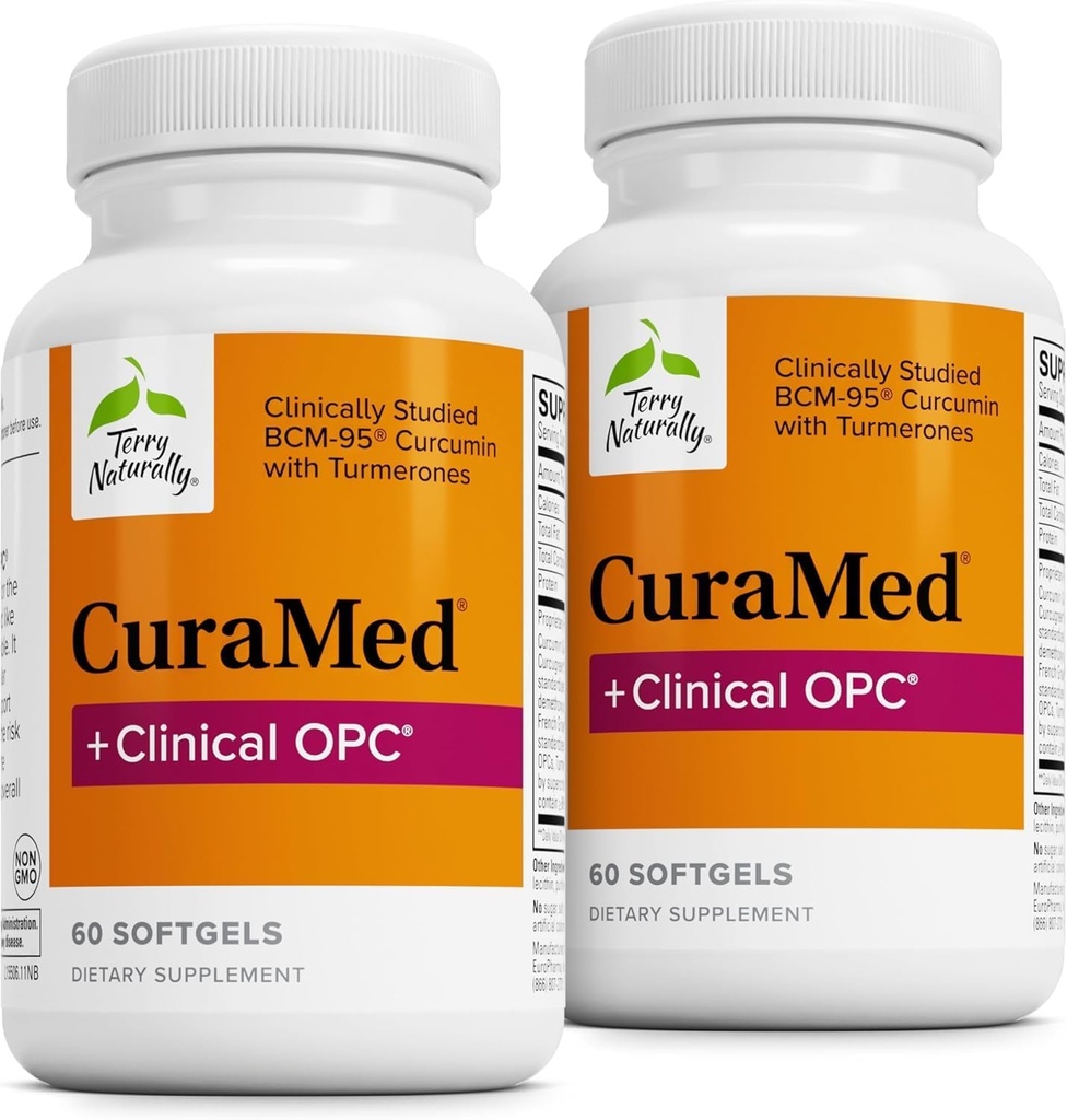 Terry Naturalmente CuraMed + Clínico OPC - Suplemento de la Curcumina con el extracto de semillas de uva francés - Cerebro, Prostata " Apoyo a la salud del hígado - Suplemento con Ar-Turmerone - 60 Softgels (2 Pack)