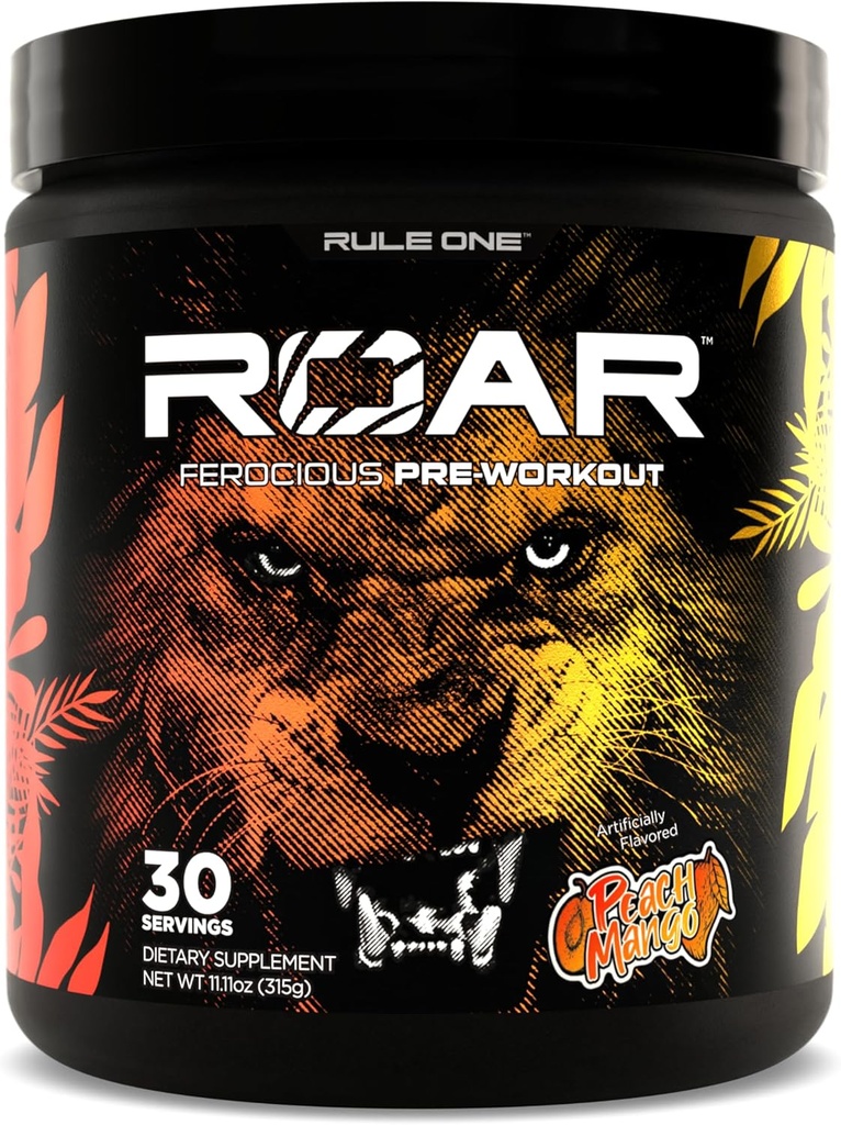 Regla 1 R1 Roar - Pre-Workout Powder con Creatina, Beta-Alanina, Citrulline, Electrolitos &amp; Caffeine (30 Servimientos, Peach Mango)