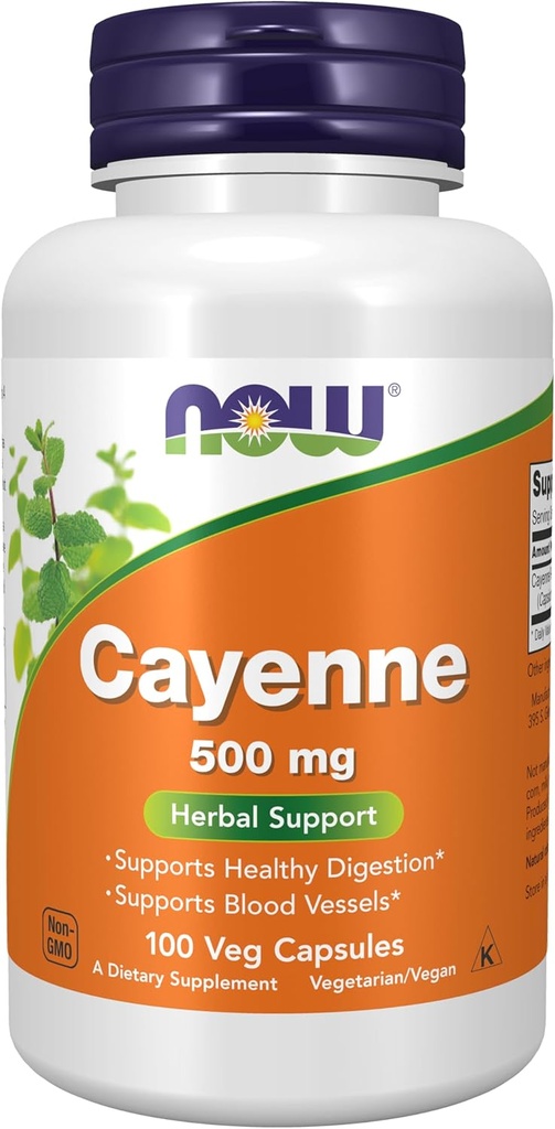 AHORA Suplementos de alimentos, Cayenne (Capsicum annuum) 500 mg, Herbal Support, 100 cápsulas de verduras